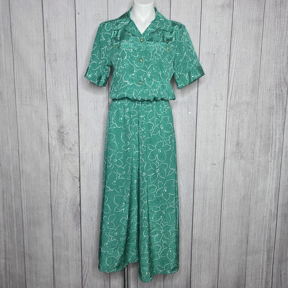 Vintage Green Tropical Floral Blouson Shirt Style Midi Dress, sz Medium